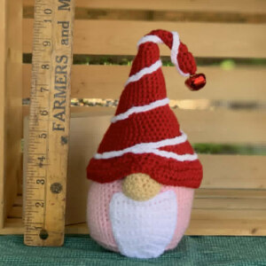 crocheted candy cane gnome