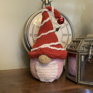 crocheted candy cane gnome