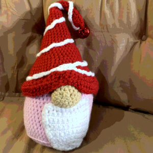 crocheted candy cane gnome