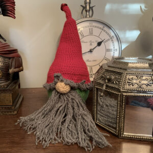 crocheted gnome - green man 7 with clock