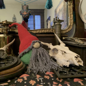 crocheted gnome - green man 8 with skull